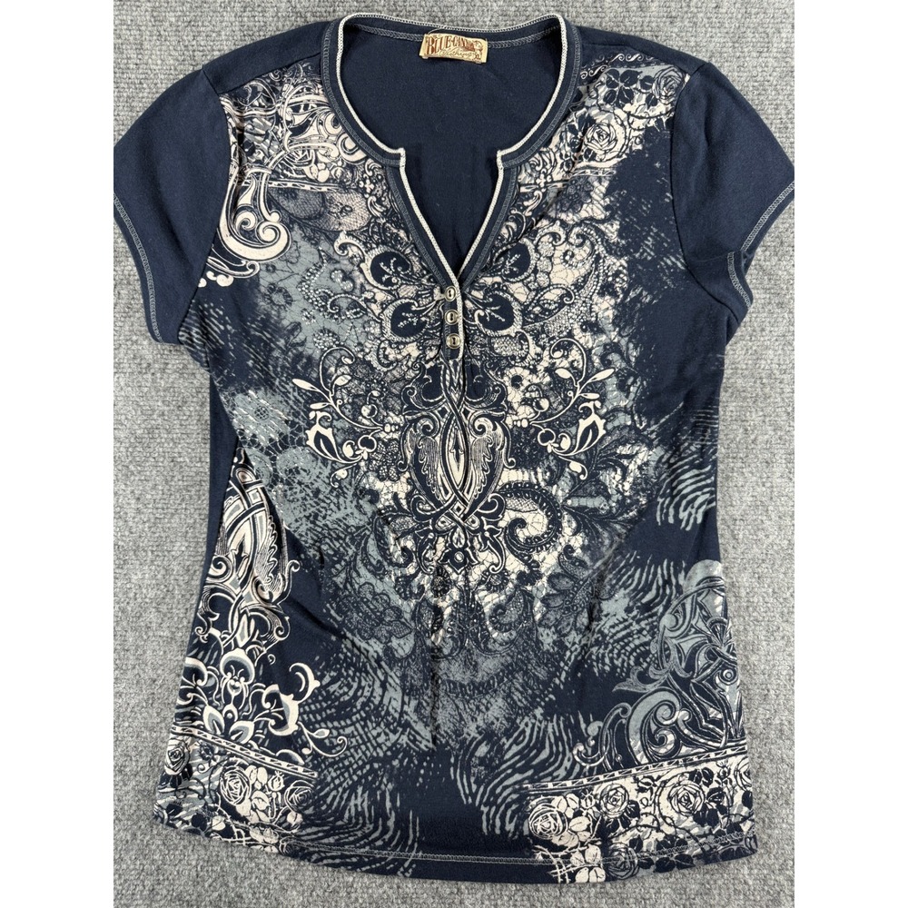 Y2K Blue Canyon Clothing XL Rhinestone Tattoo Graphic Henley Top McBling